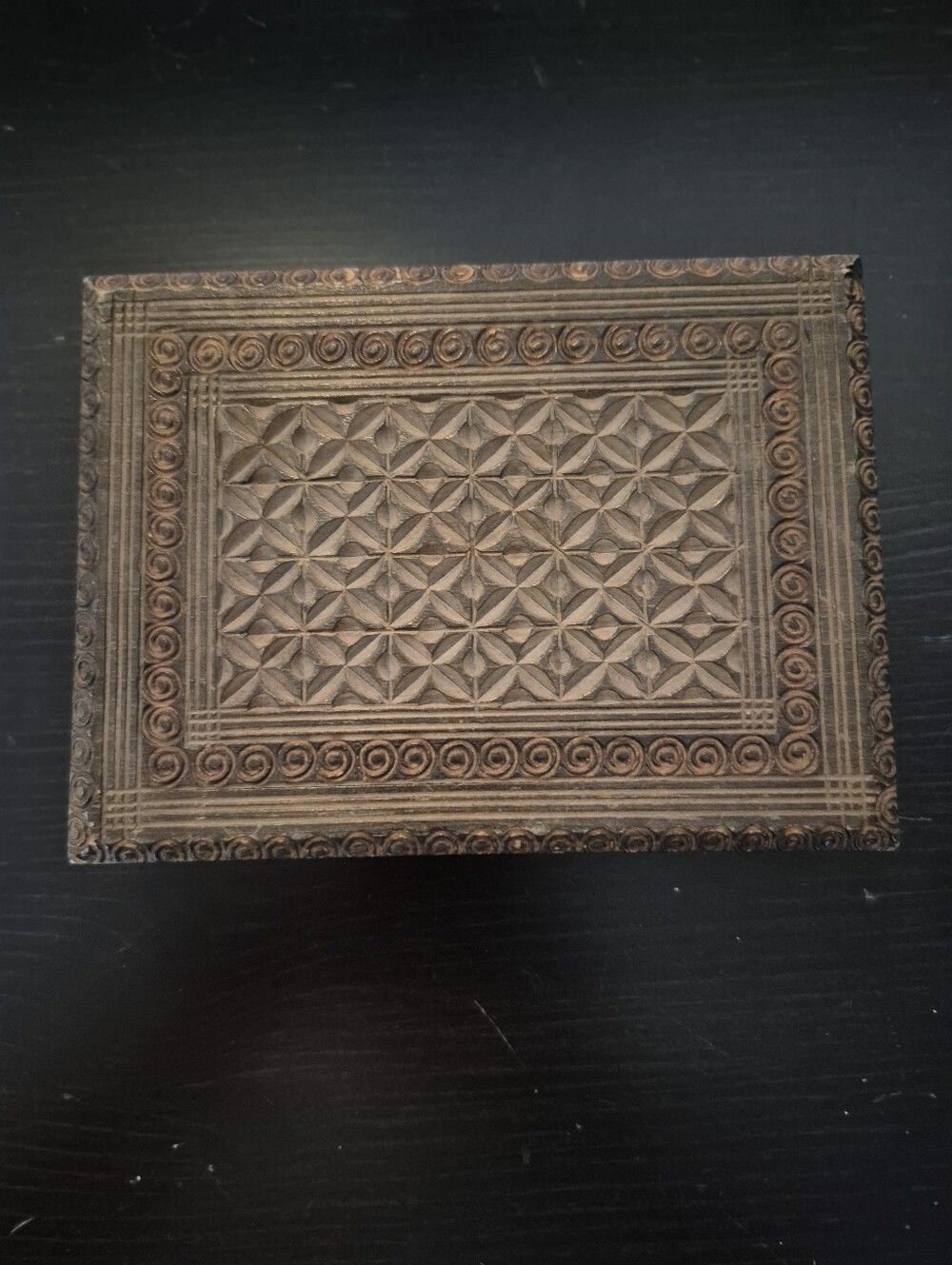 Vintage Ornate Carved Wooden Decorative Box — Brown